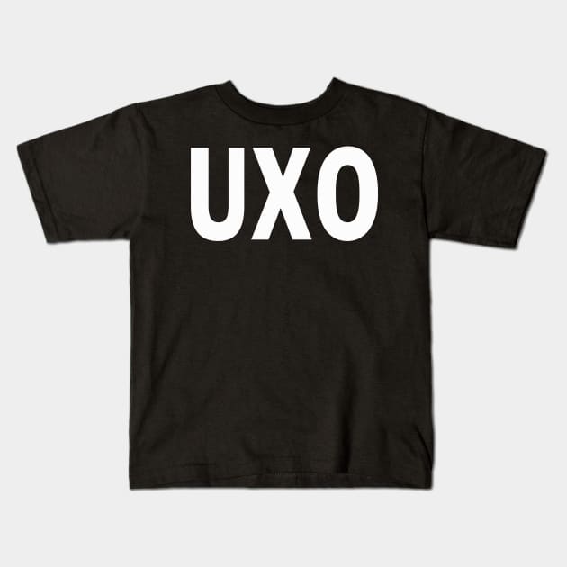 UXO large text Kids T-Shirt by The Blue Deck